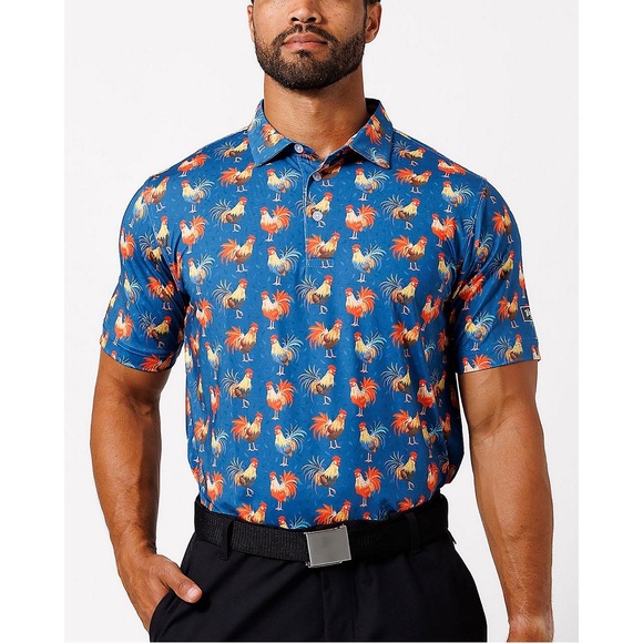 Waggle Other - Waggle Cocky Rooster Golf Polo Shirt‎ Blue Novelty Print Stretch Size M